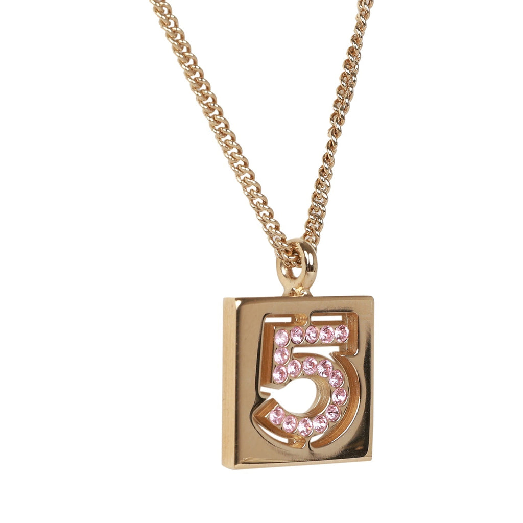Vintage Chanel Vintage Pink No.5 Rhinestone Pendant Gold Necklace