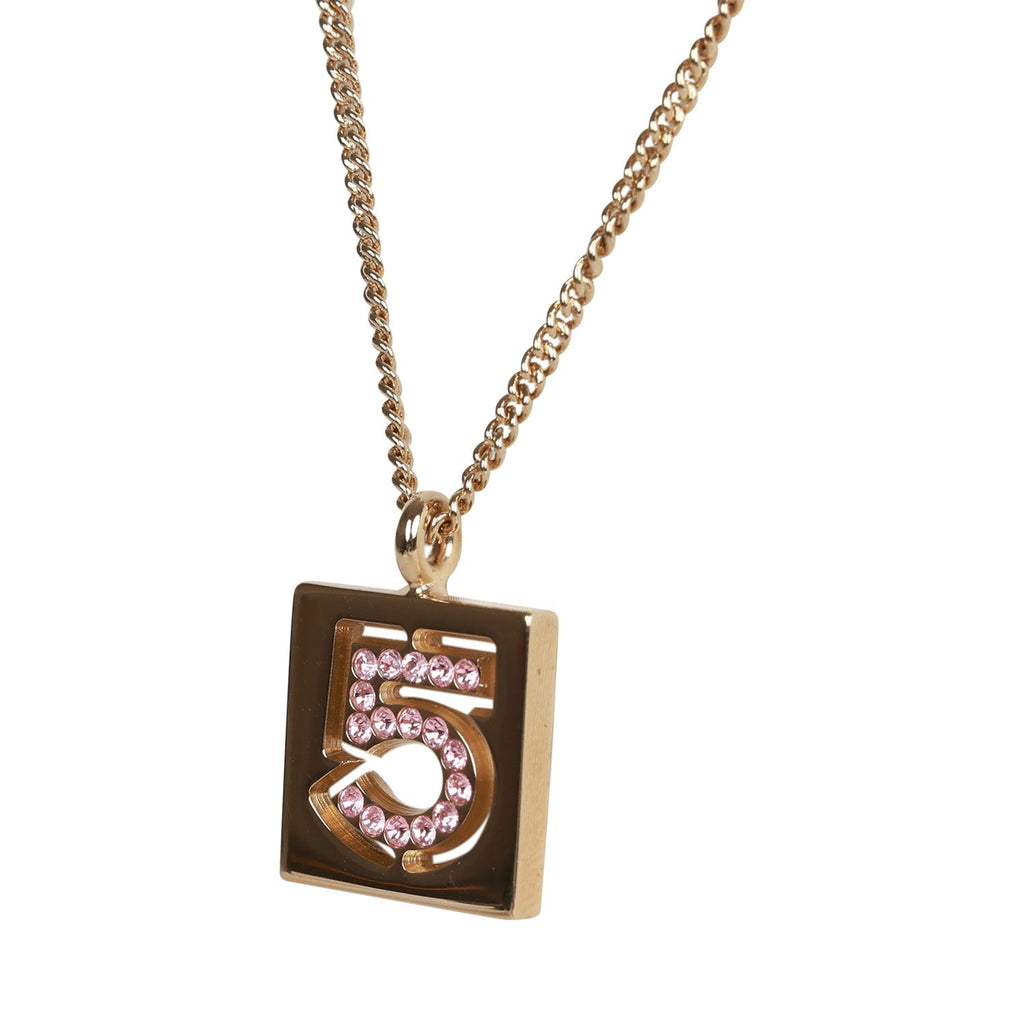 Vintage Chanel Vintage Pink No.5 Rhinestone Pendant Gold Necklace