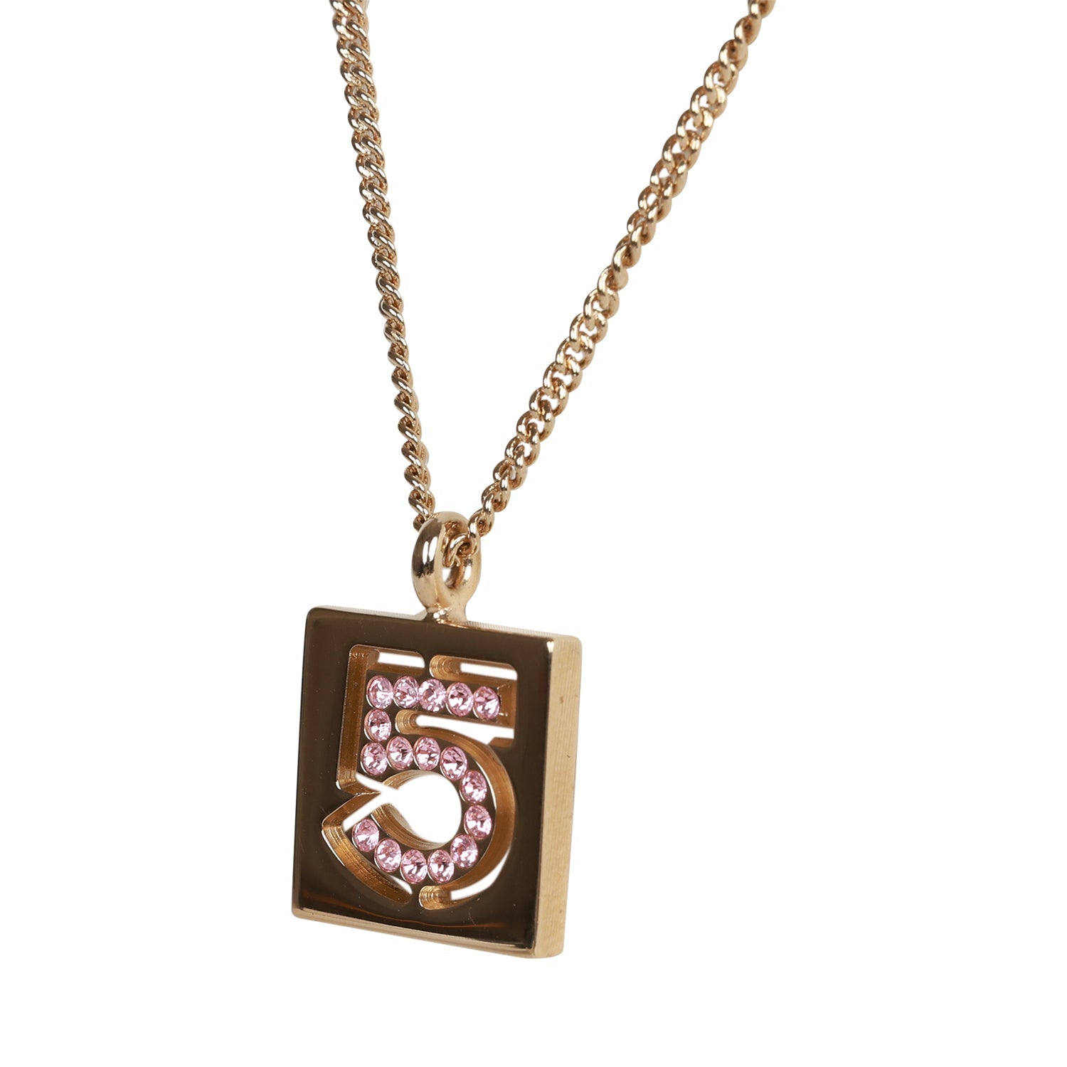Vintage Chanel Vintage Pink No.5 Rhinestone Pendant Gold Necklace