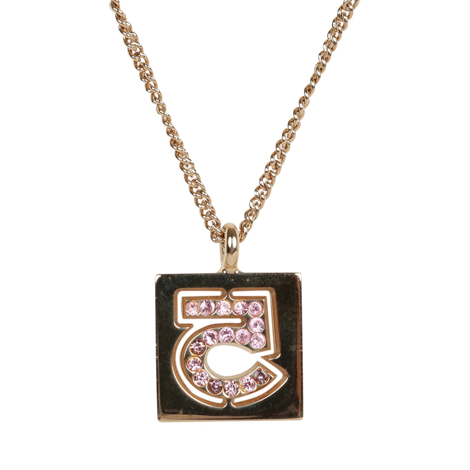Vintage Chanel Vintage Pink No.5 Rhinestone Pendant Gold Necklace