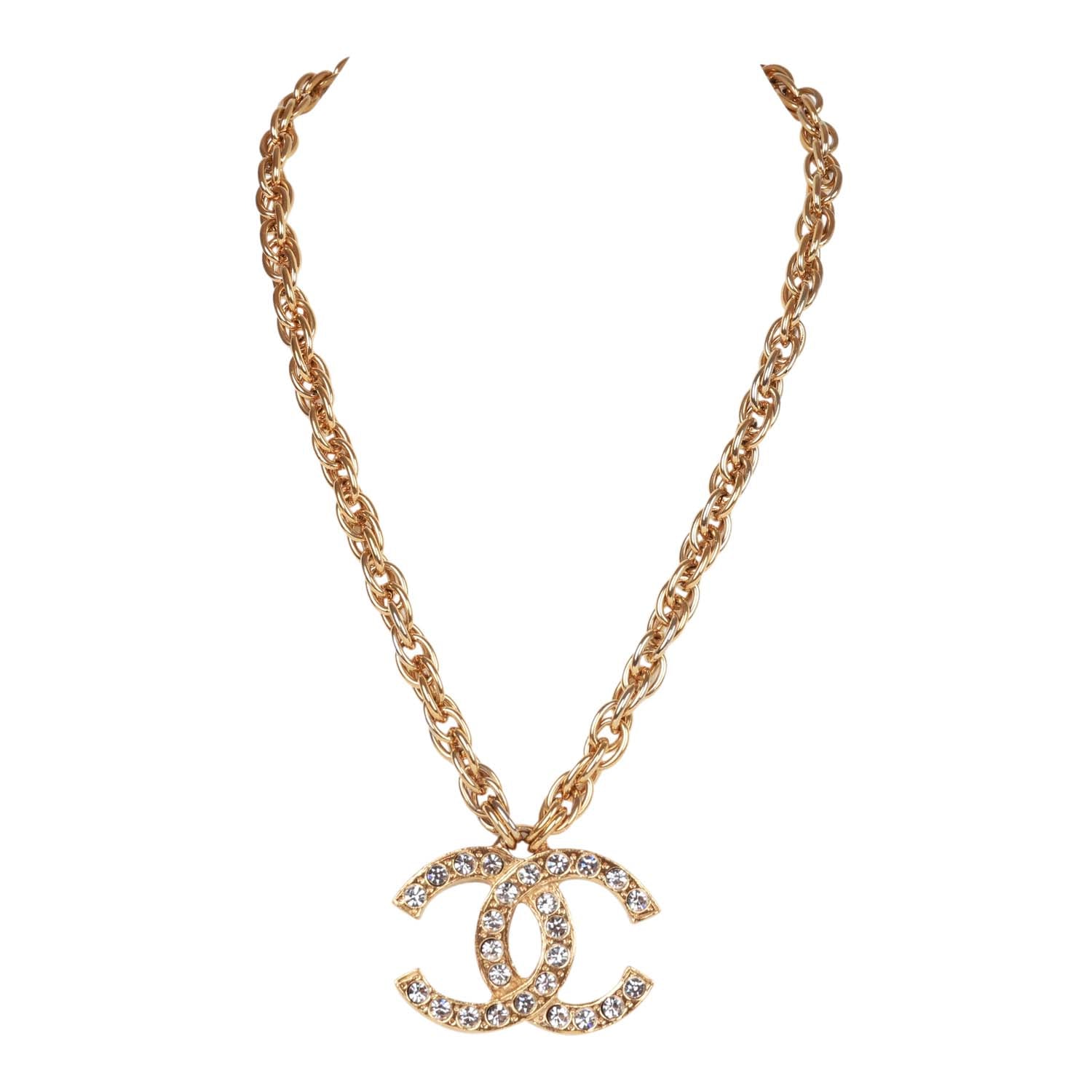 Vintage Chanel Gold CC Faux Crystal Pendant Necklace