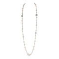 Chanel Silver Metal, White Strass, and White Pearl Logo Sautoir Necklace