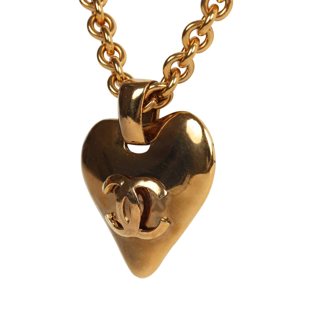 Vintage Chanel Long CC Heart Pendant Necklace Gold Metal