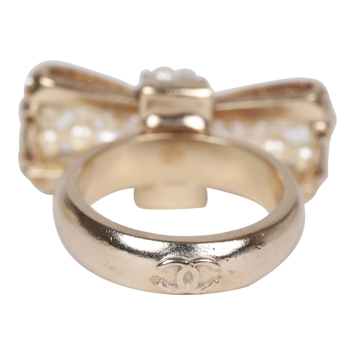 Chanel Gold CC Faux Pearl Bow Ring