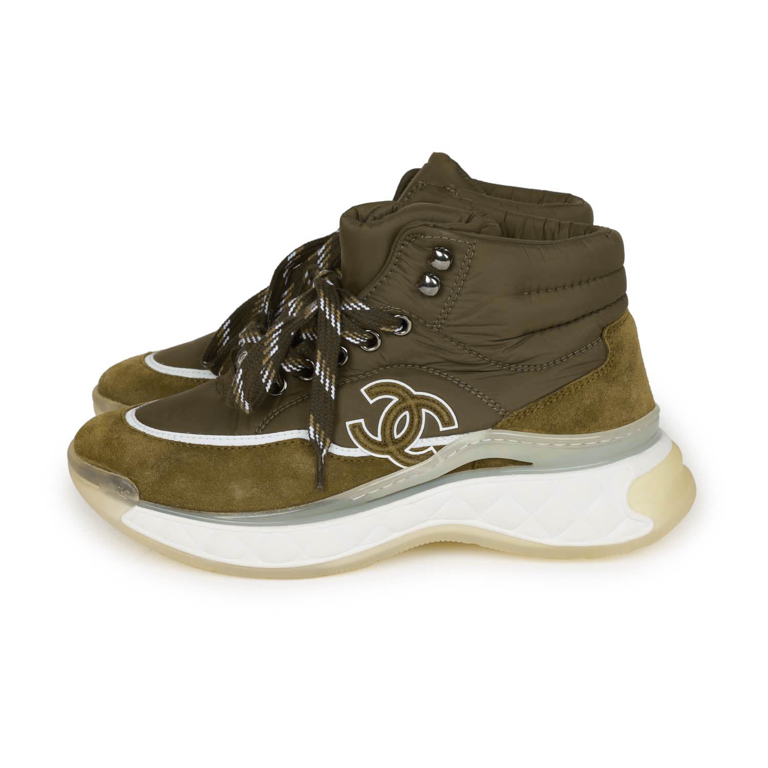 Chanel CC Hightop Winter Sneaker Olive Green Nylon and Suede 35