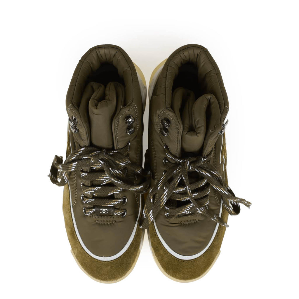Chanel CC Hightop Winter Sneaker Olive Green Nylon and Suede 35