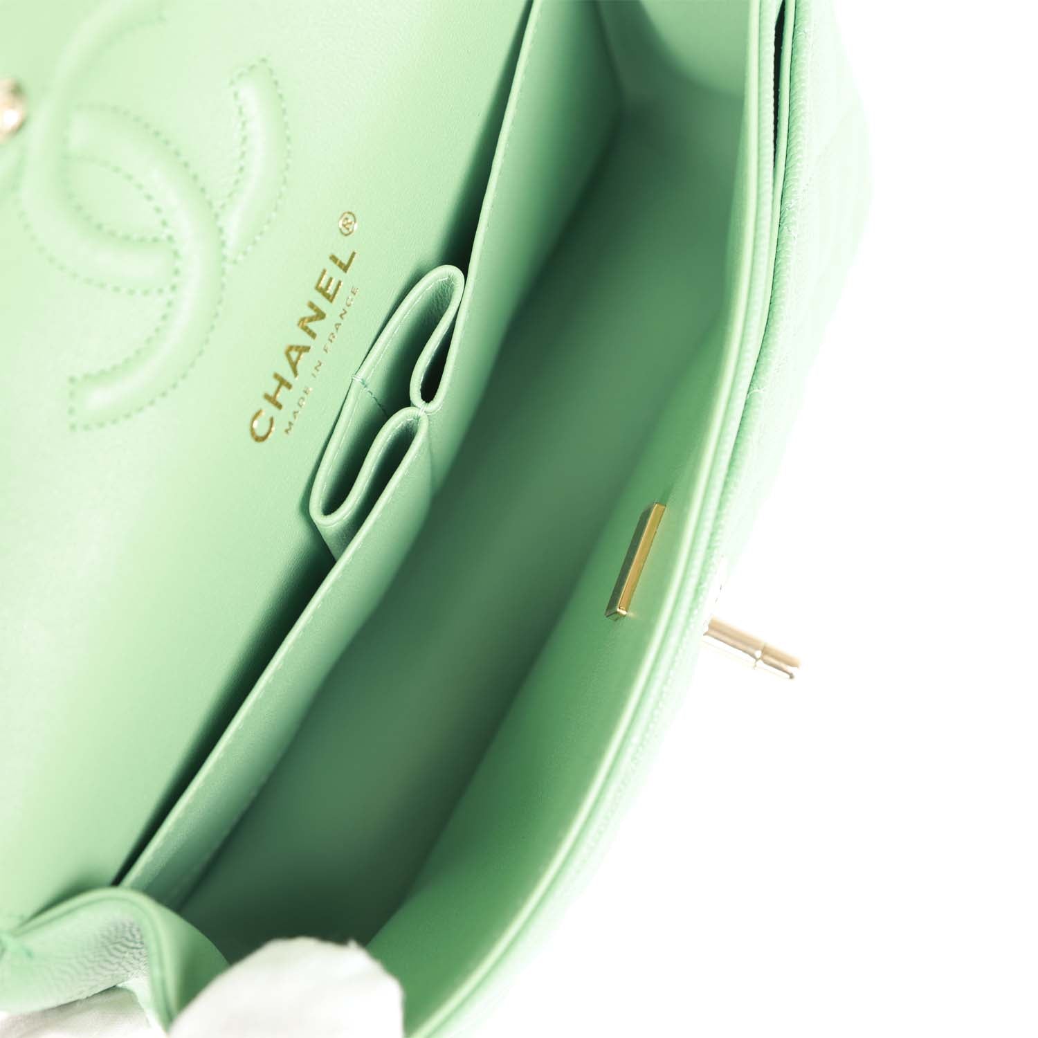 Chanel bagSmall Classic Double Flap Green Caviar Light Gold Hardware