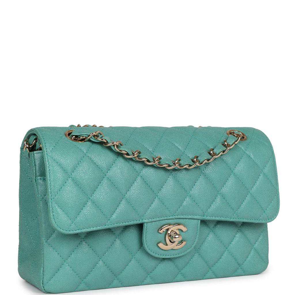 Chanel bag Small Classic Double Flap Turquoise Iridescent Caviar Light Gold Hardware