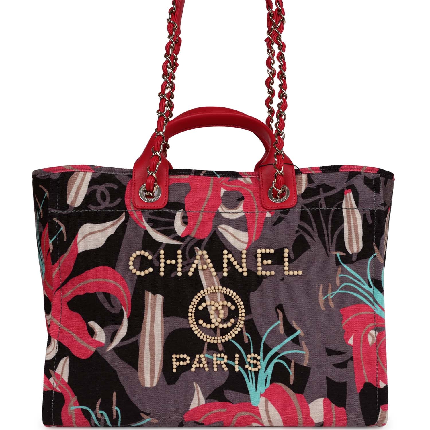 Chanel Small Deauville Shopping Bag Grey and Pink Tropical Floral Velvet Light Gold Hardware