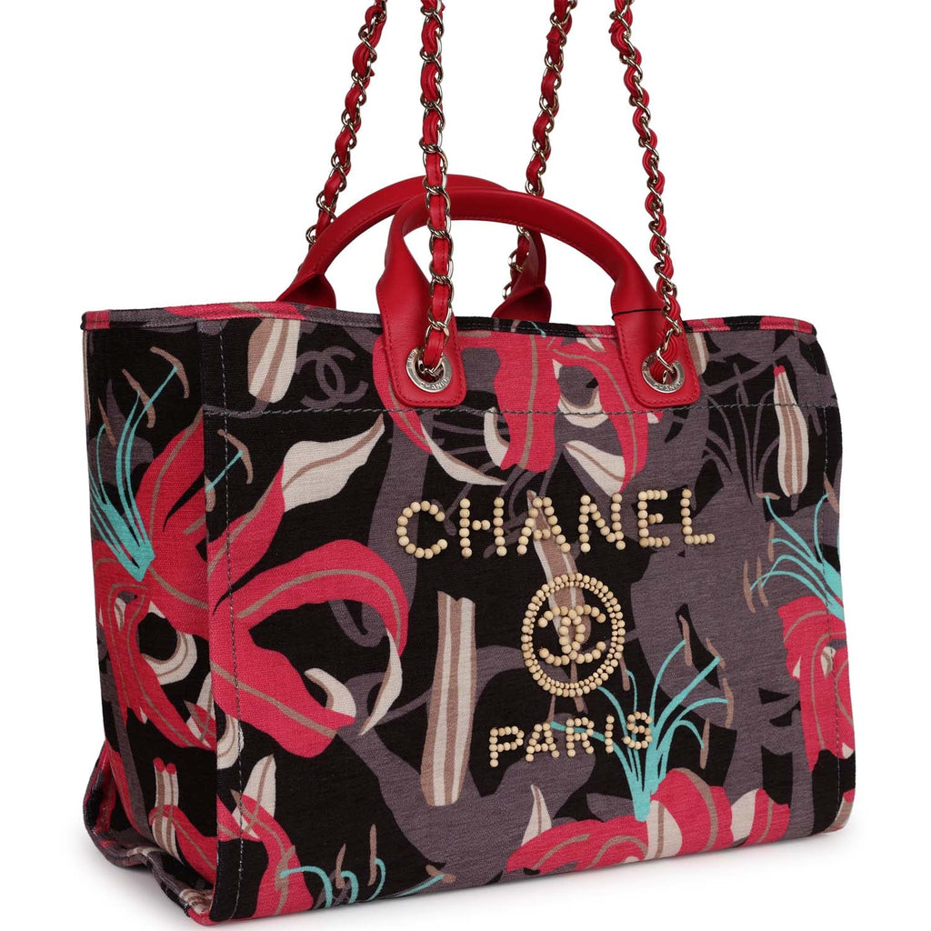 Chanel Small Deauville Shopping Bag Grey and Pink Tropical Floral Velvet Light Gold Hardware