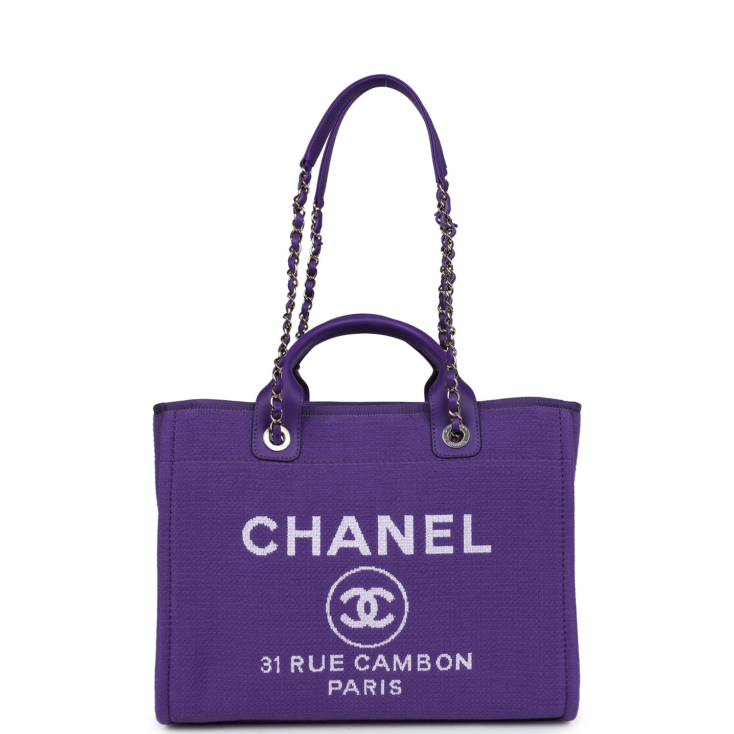 Chanel Small Deauville Shopping Bag Purple Canvas Gold Hardware
