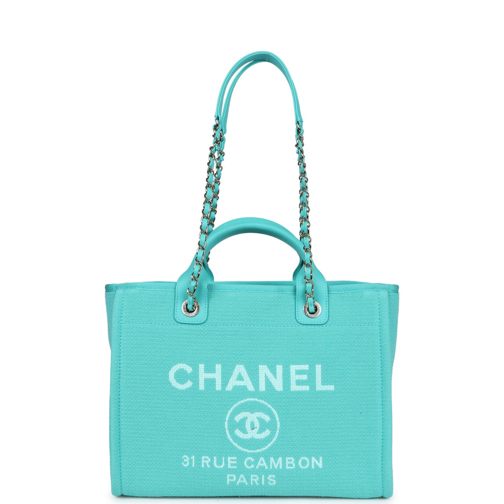 Chanel Small Deauville Shopping Bag Turquoise Canvas Light Gold Hardware