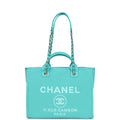 Chanel Small Deauville Shopping Bag Turquoise Canvas Light Gold Hardware