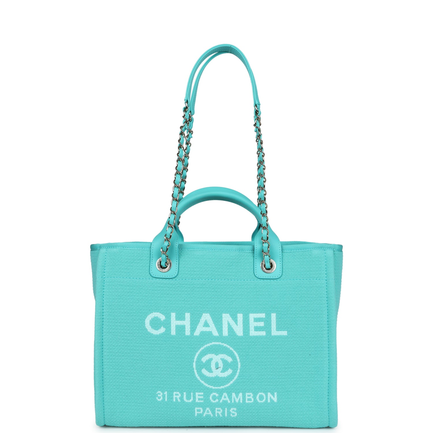 Chanel Small Deauville Shopping Bag Turquoise Canvas Light Gold Hardware