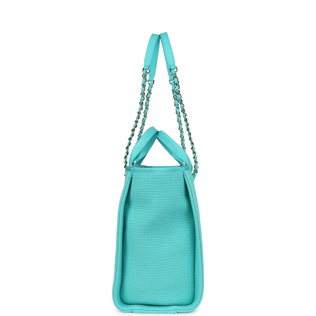 Chanel Small Deauville Shopping Bag Turquoise Canvas Light Gold Hardware