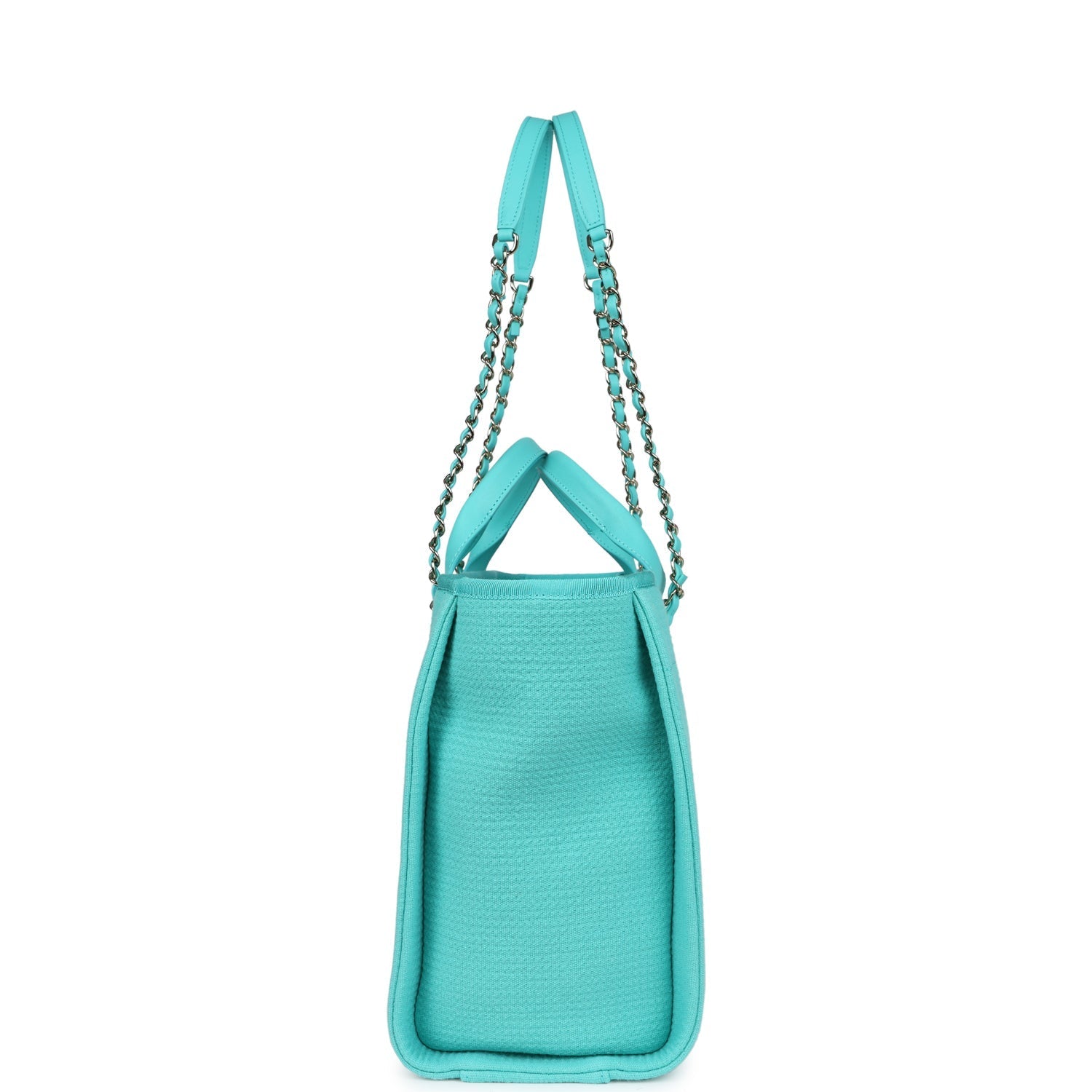 Chanel Small Deauville Shopping Bag Turquoise Canvas Light Gold Hardware