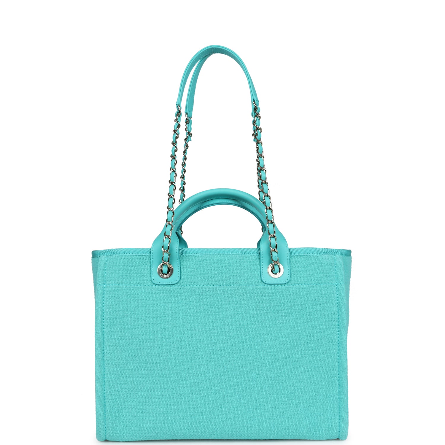 Chanel Small Deauville Shopping Bag Turquoise Canvas Light Gold Hardware