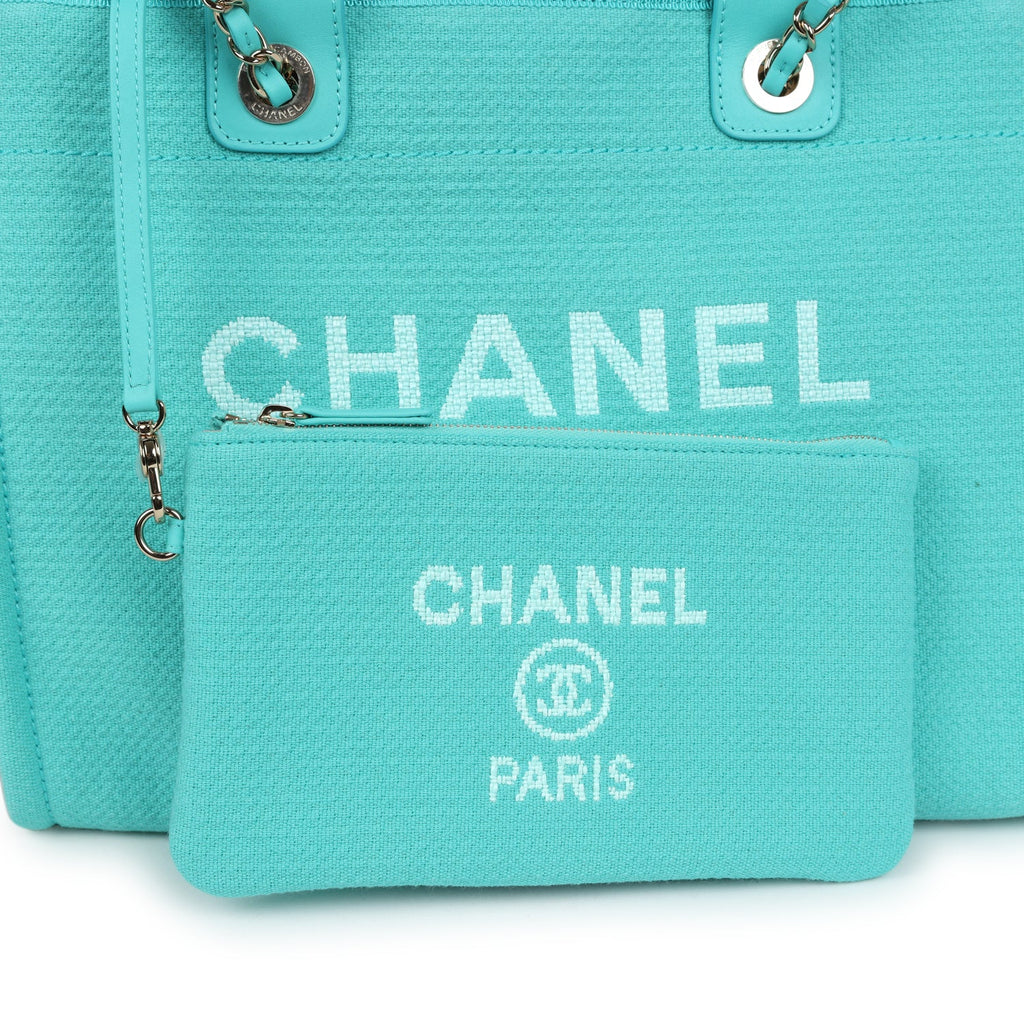 Chanel Small Deauville Shopping Bag Turquoise Canvas Light Gold Hardware