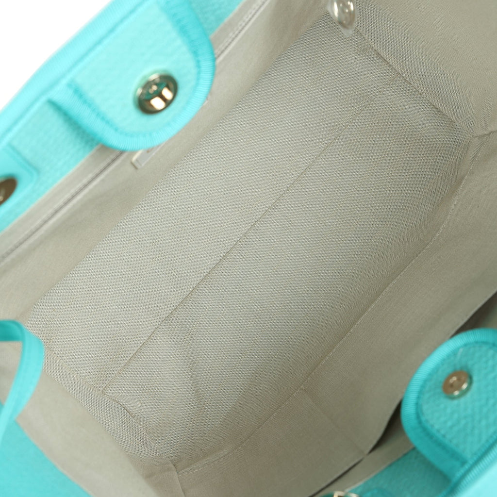 Chanel Small Deauville Shopping Bag Turquoise Canvas Light Gold Hardware