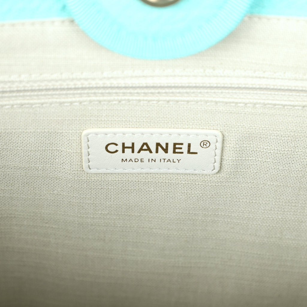 Chanel Small Deauville Shopping Bag Turquoise Canvas Light Gold Hardware
