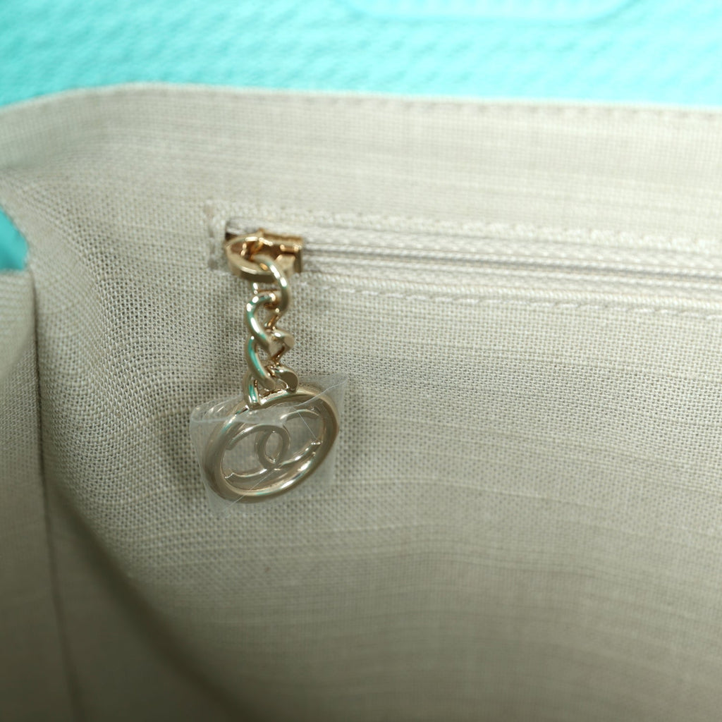 Chanel Small Deauville Shopping Bag Turquoise Canvas Light Gold Hardware