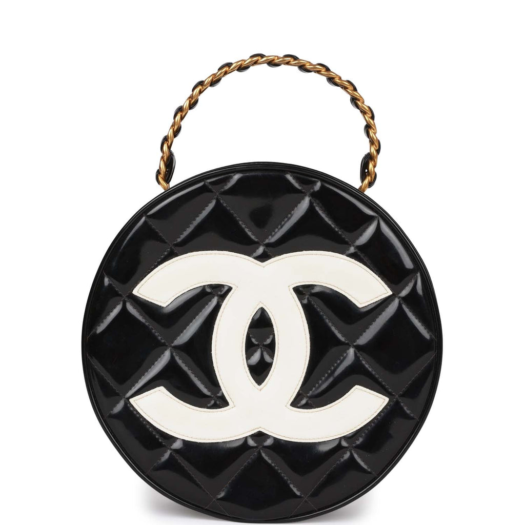Vintage Chanel Round Vanity Bag Black and White Patent Leather Antique Gold Hardware