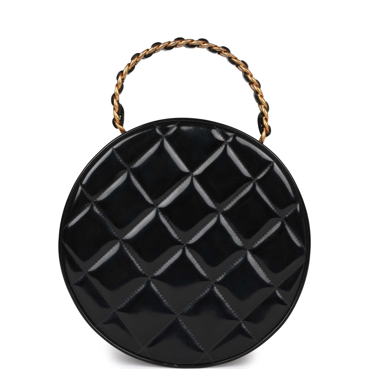 Vintage Chanel Round Vanity Bag Black and White Patent Leather Antique Gold Hardware