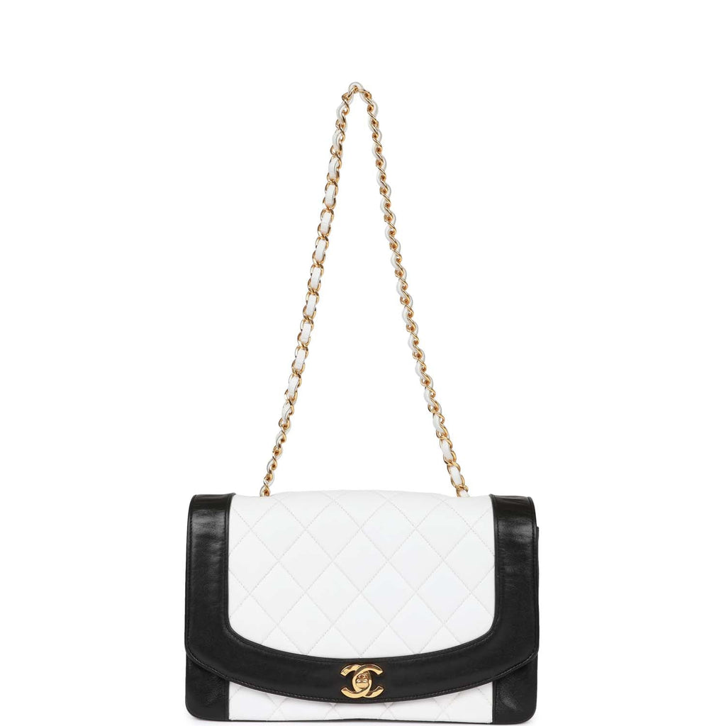 Vintage Chanel Medium Diana Flap Bag White and Black Lambskin Gold Hardware