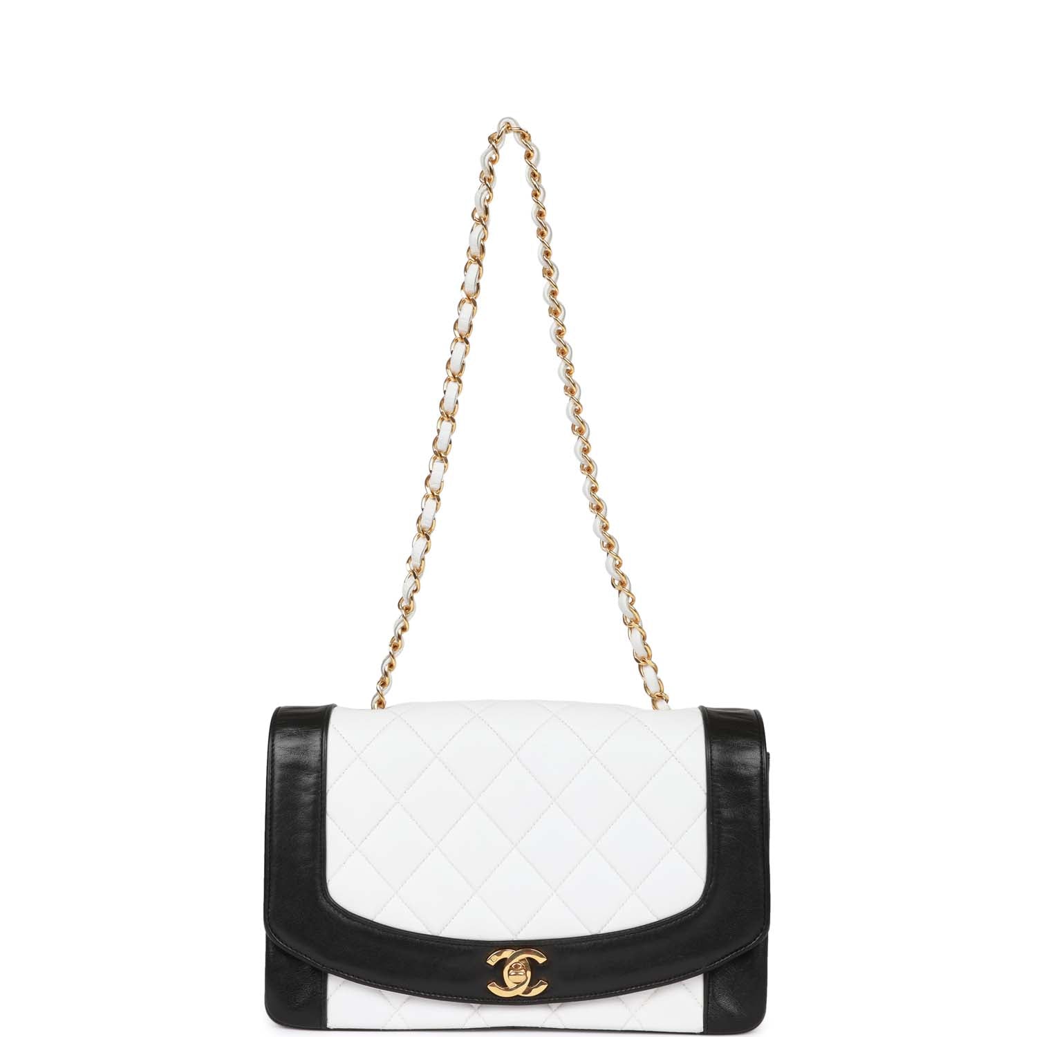 Vintage Chanel Medium Diana Flap Bag White and Black Lambskin Gold Hardware