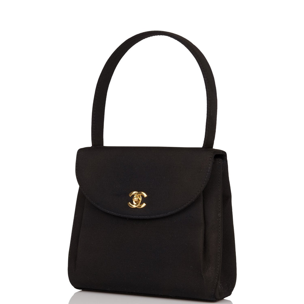 Vintage Chanel Mini Kelly Bag Black Satin Gold Hardware
