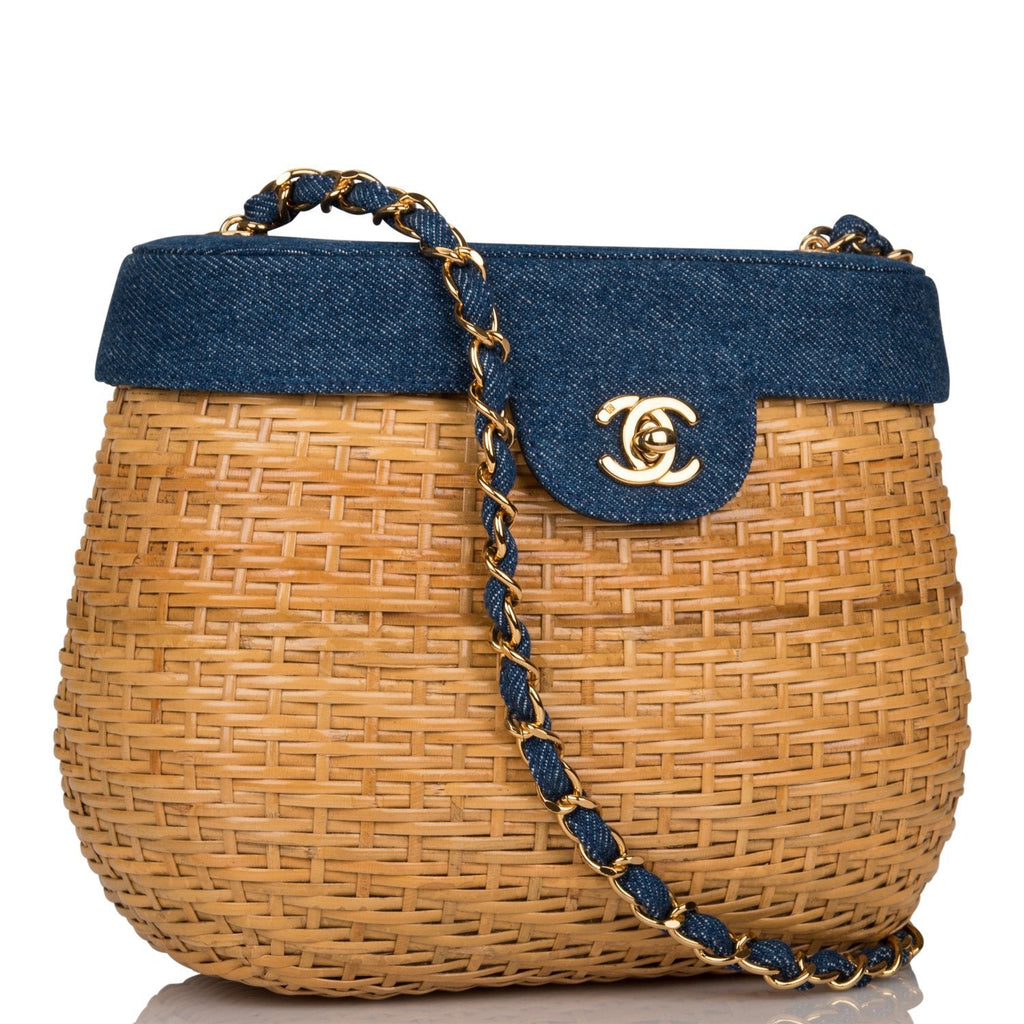 Vintage Chanel Basket Bag Denim and Wicker Gold Hardware
