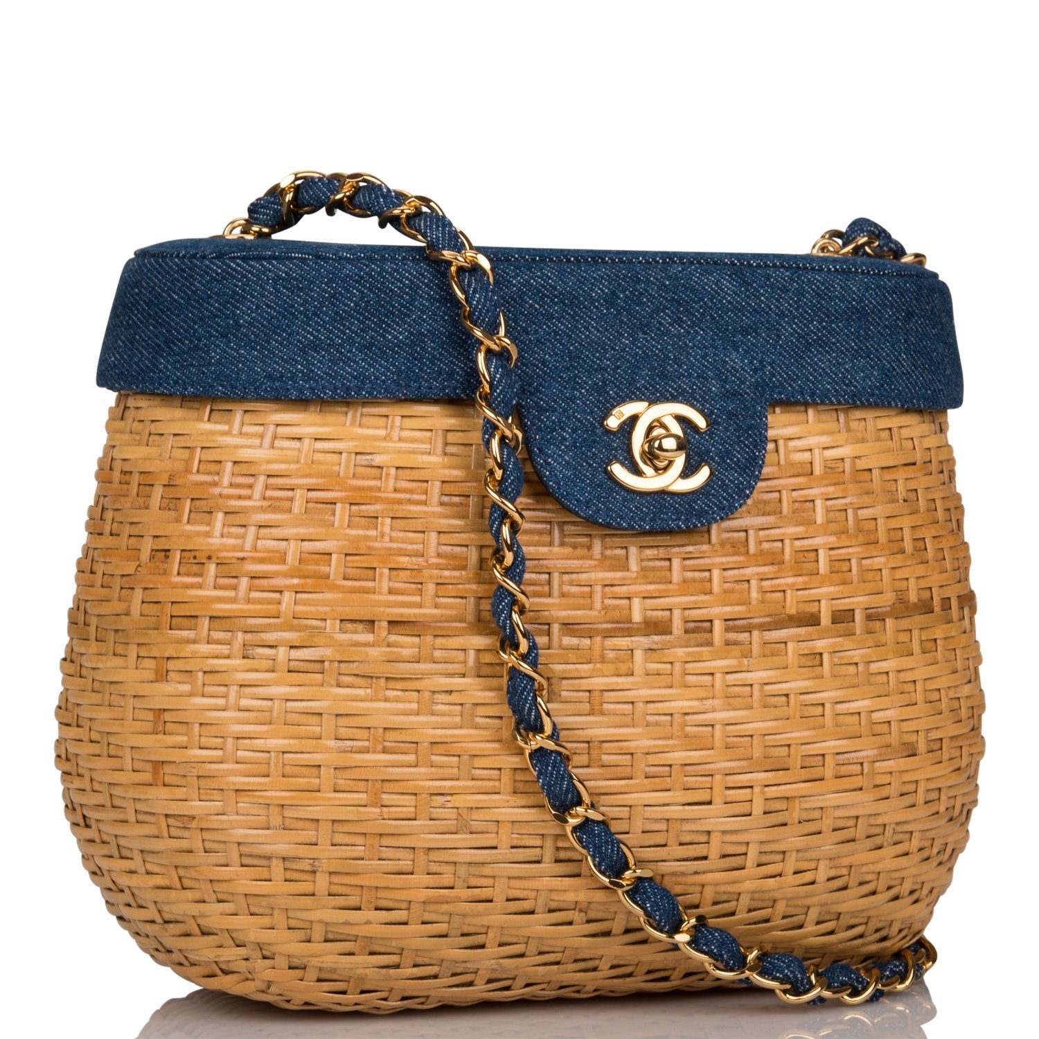 Vintage Chanel Basket Bag Denim and Wicker Gold Hardware