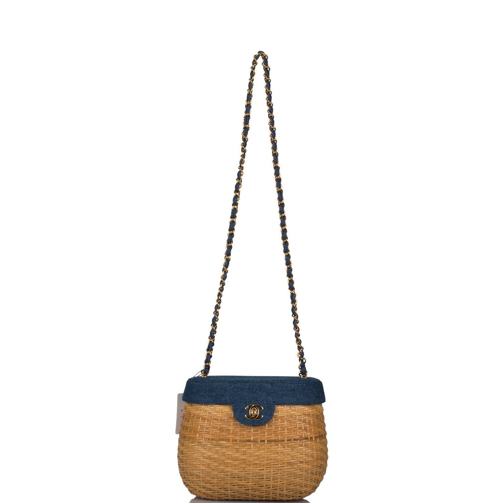 Vintage Chanel Basket Bag Denim and Wicker Gold Hardware