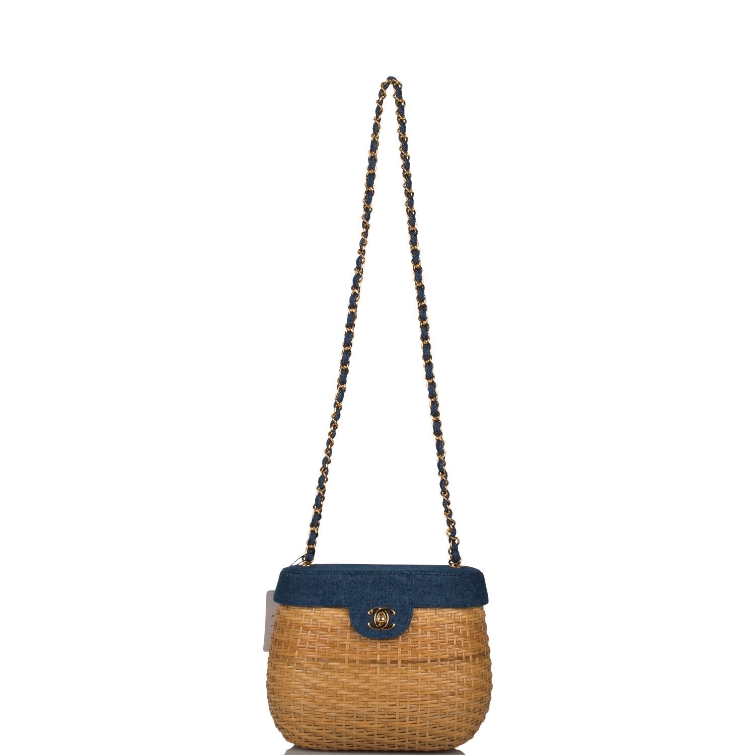Vintage Chanel Basket Bag Denim and Wicker Gold Hardware