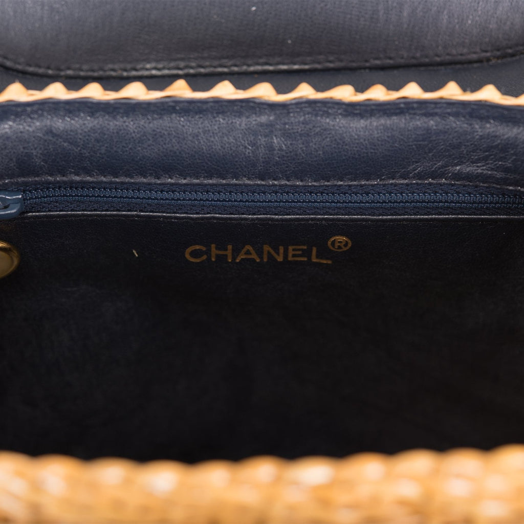 Vintage Chanel Basket Bag Denim and Wicker Gold Hardware