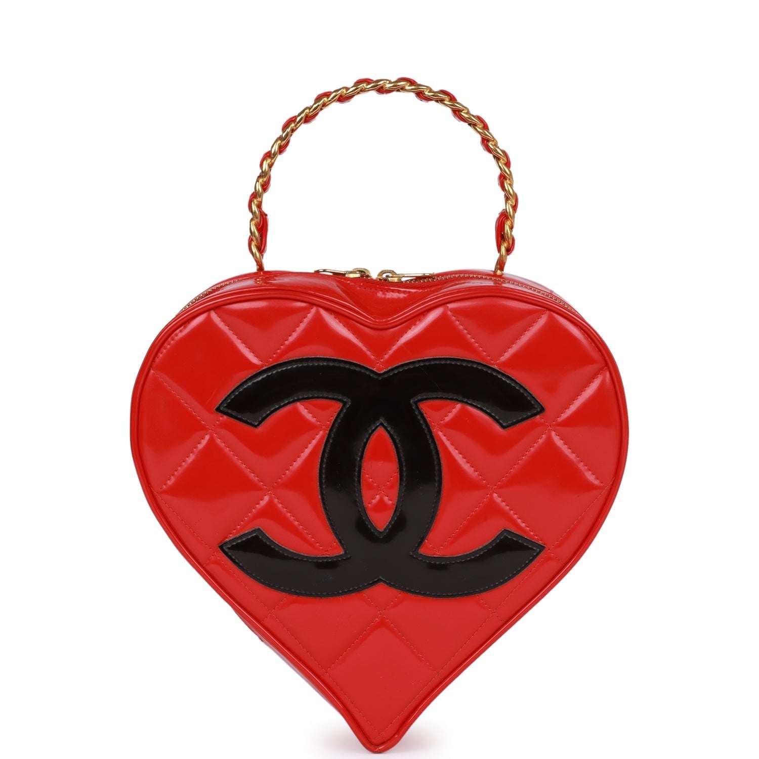 Vintage Chanel Heart Vanity Bag Red and Black Patent Antique Gold Hardware
