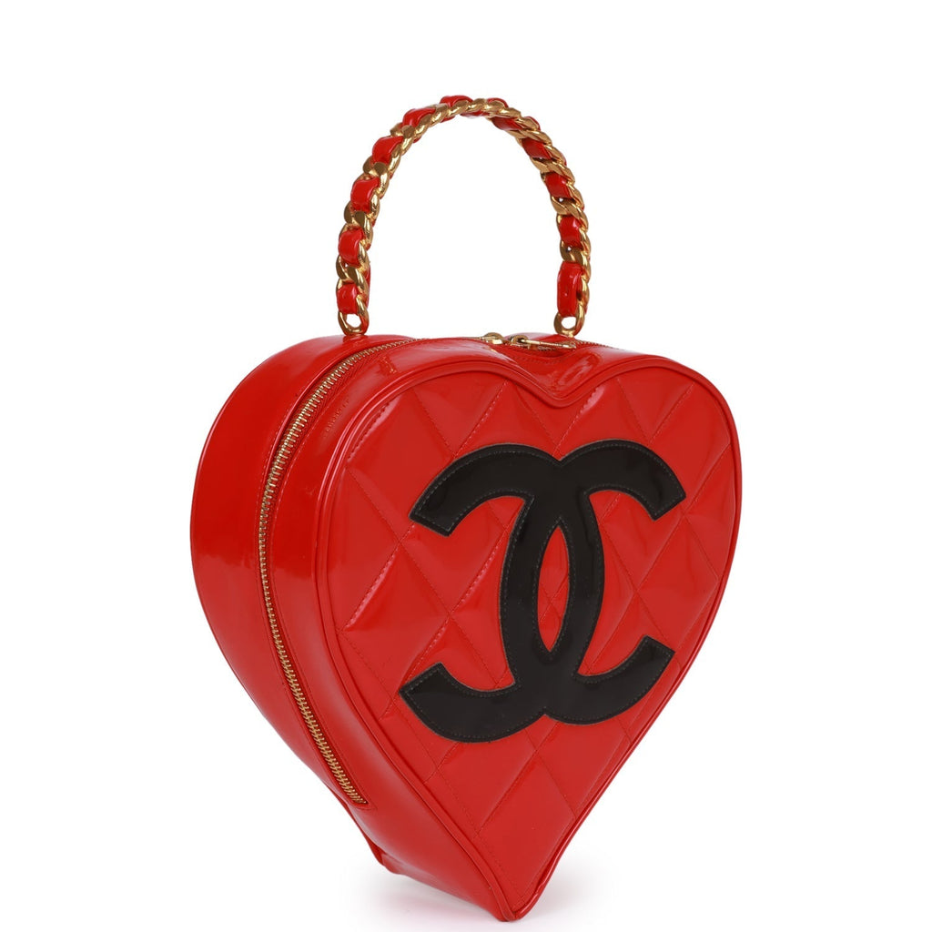 Vintage Chanel Heart Vanity Bag Red and Black Patent Antique Gold Hardware