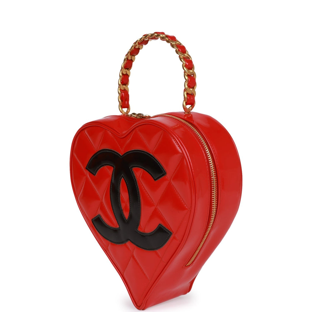 Vintage Chanel Heart Vanity Bag Red and Black Patent Antique Gold Hardware