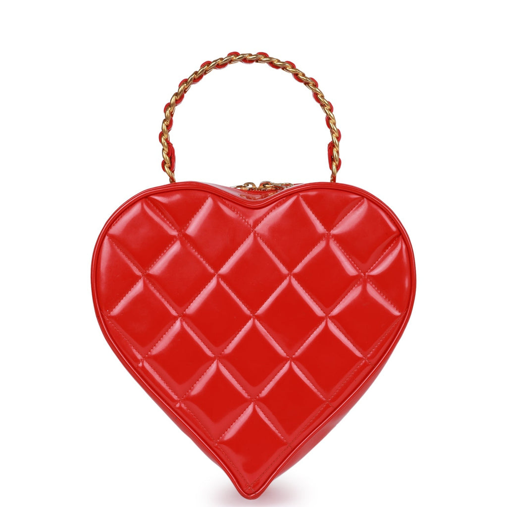 Vintage Chanel Heart Vanity Bag Red and Black Patent Antique Gold Hardware