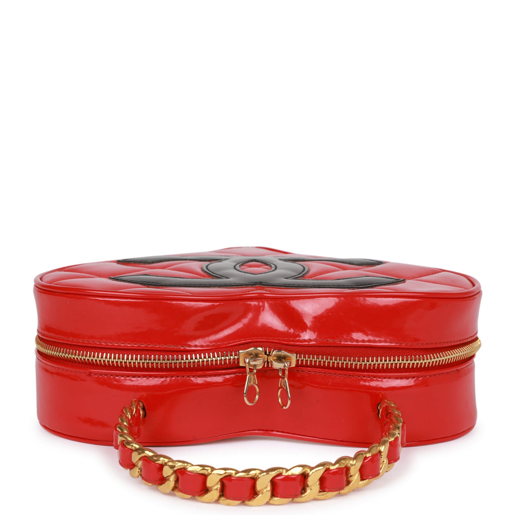 Vintage Chanel Heart Vanity Bag Red and Black Patent Antique Gold Hardware