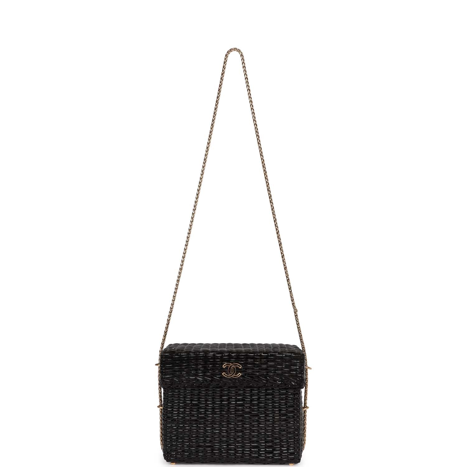 Vintage Chanel Wicker Picnic Basket Bag Black Gold Hardware