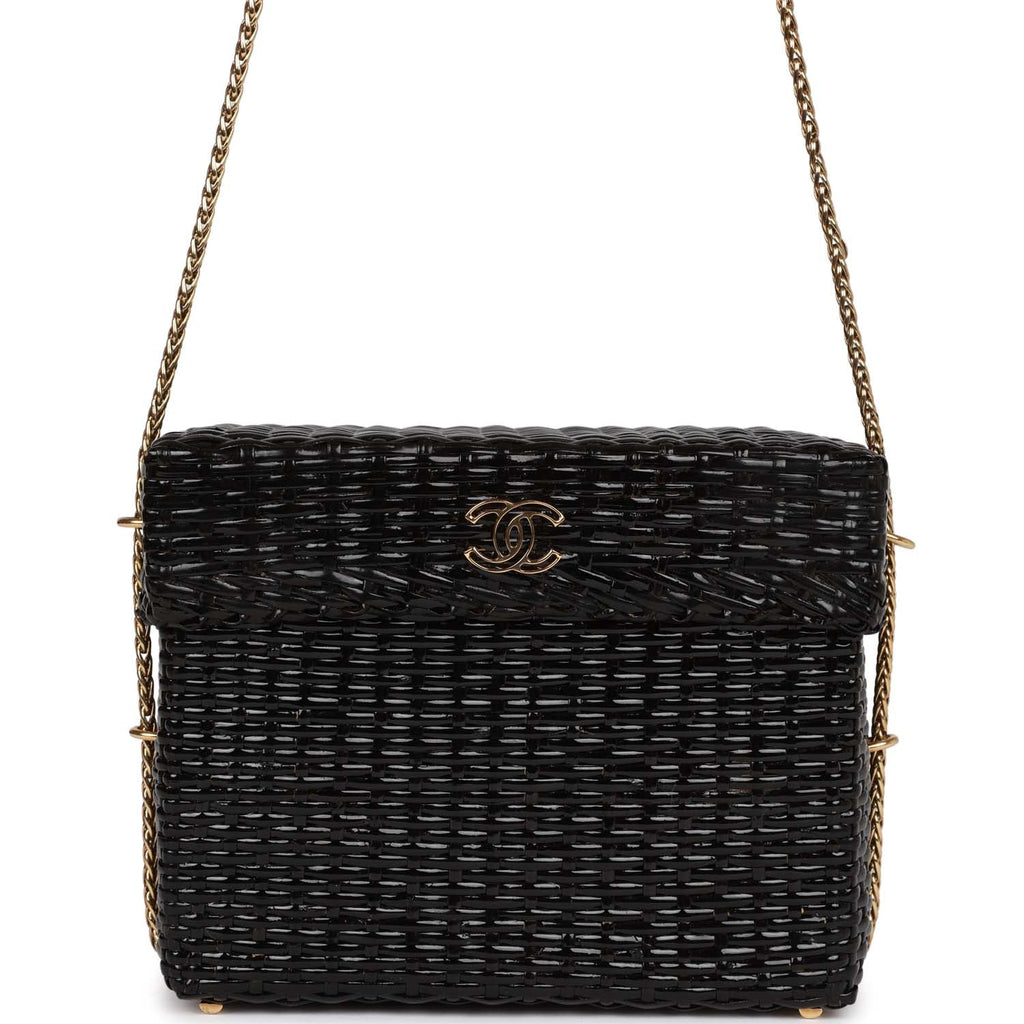 Vintage Chanel Wicker Picnic Basket Bag Black Gold Hardware