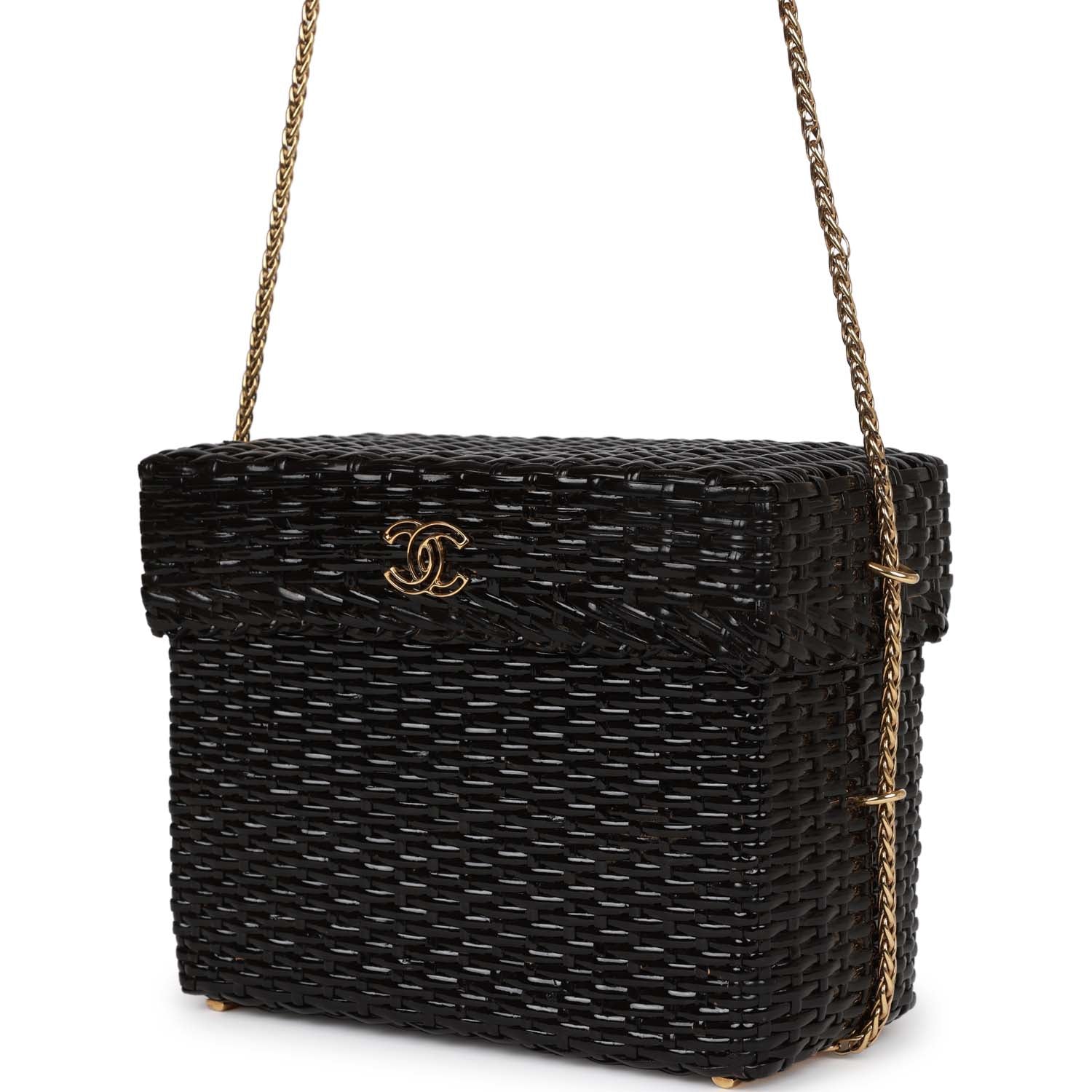 Vintage Chanel Wicker Picnic Basket Bag Black Gold Hardware