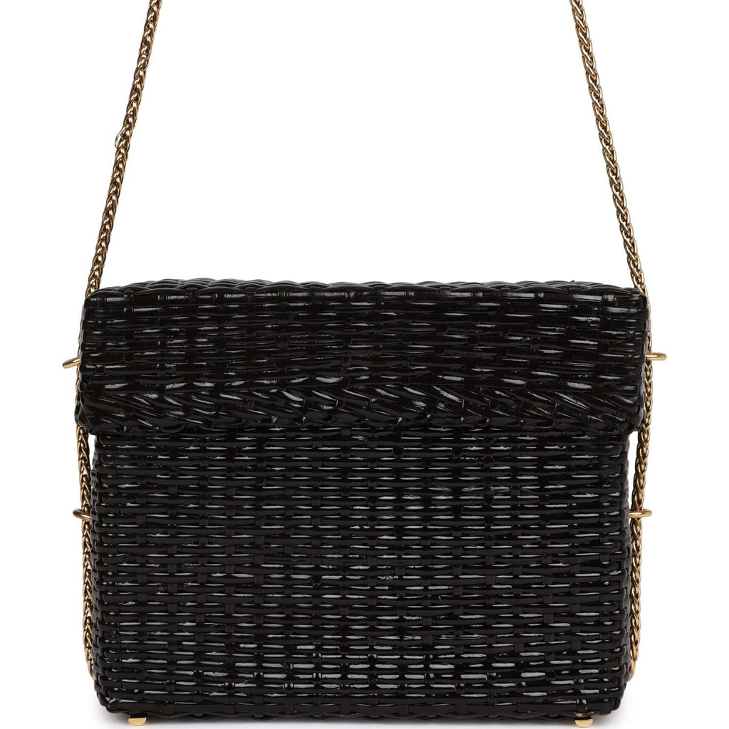 Vintage Chanel Wicker Picnic Basket Bag Black Gold Hardware
