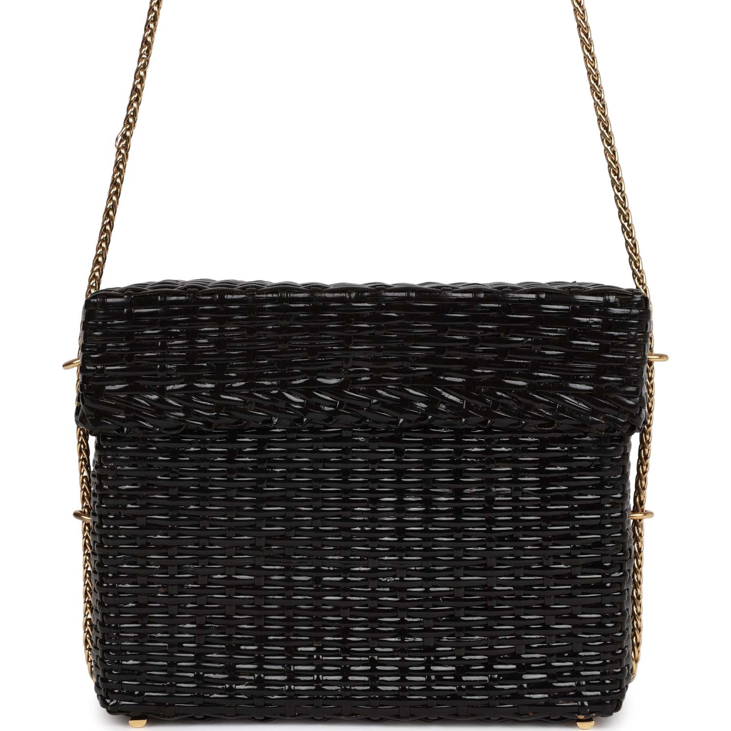 Vintage Chanel Wicker Picnic Basket Bag Black Gold Hardware