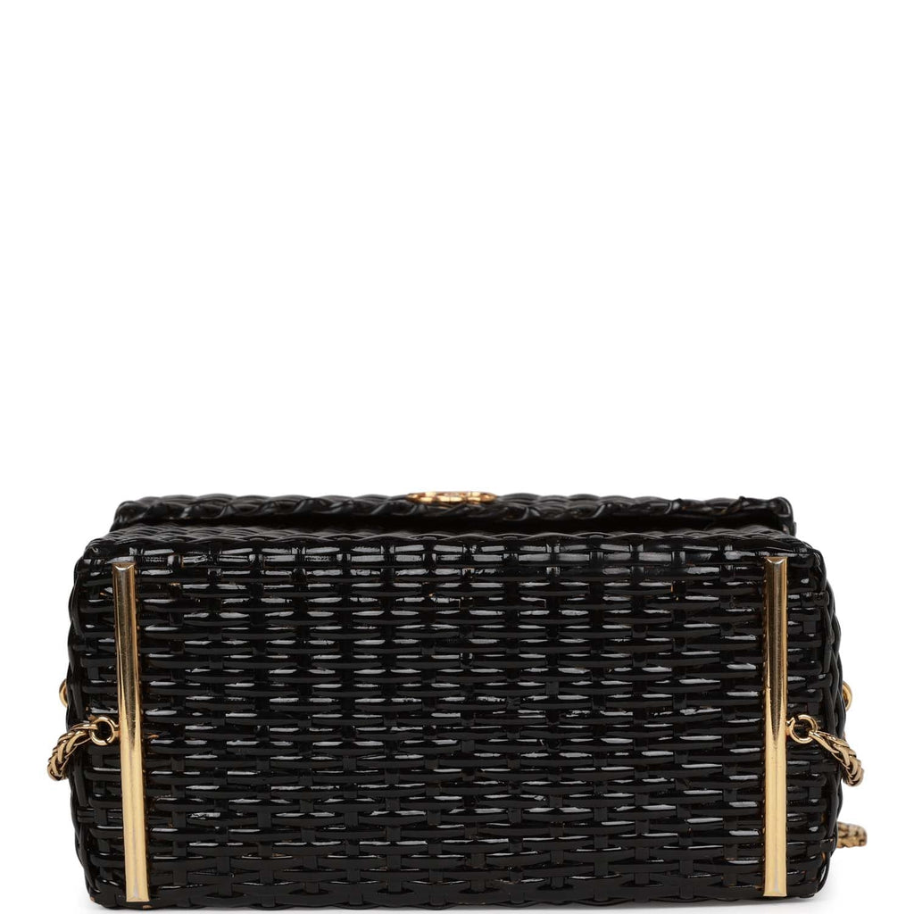 Vintage Chanel Wicker Picnic Basket Bag Black Gold Hardware