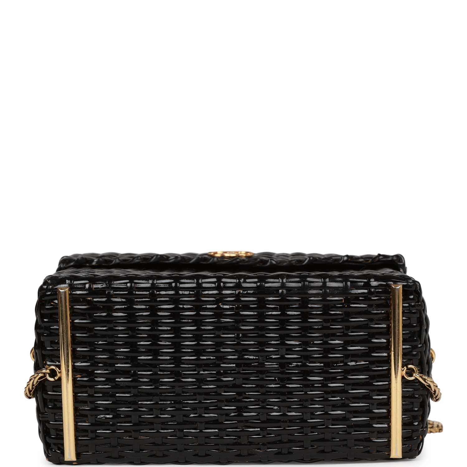 Vintage Chanel Wicker Picnic Basket Bag Black Gold Hardware