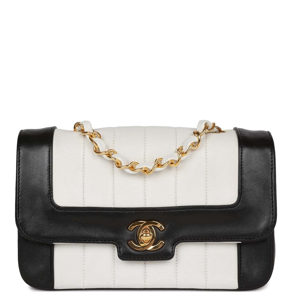 Vintage Chanel Mini Mademoiselle Bag Black and White Lambskin Gold Hardware