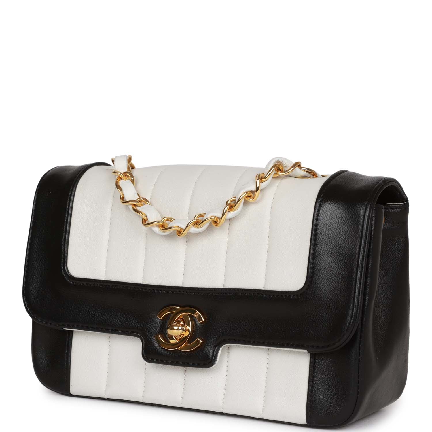 Vintage Chanel Mini Mademoiselle Bag Black and White Lambskin Gold Hardware