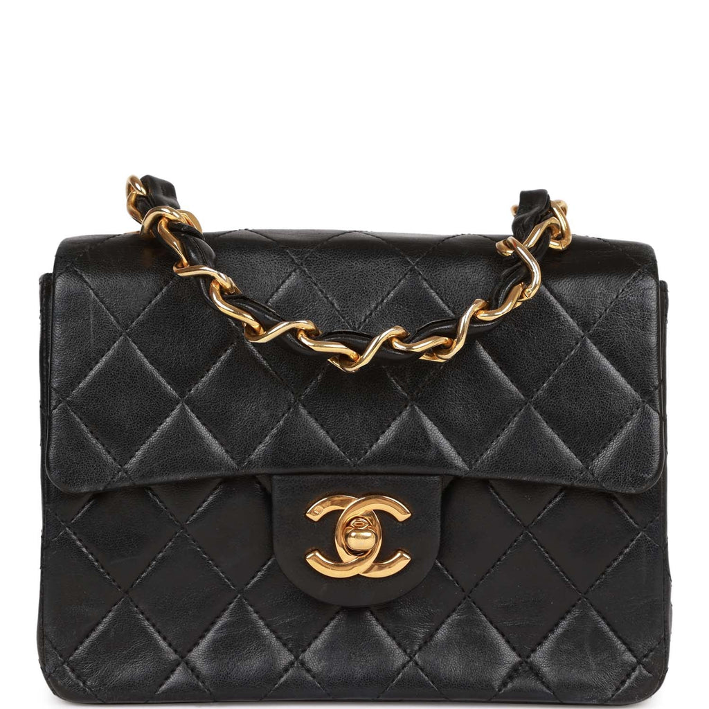 Vintage Chanel Mini Flap Chain Handle Bag Black Lambskin Gold Hardware